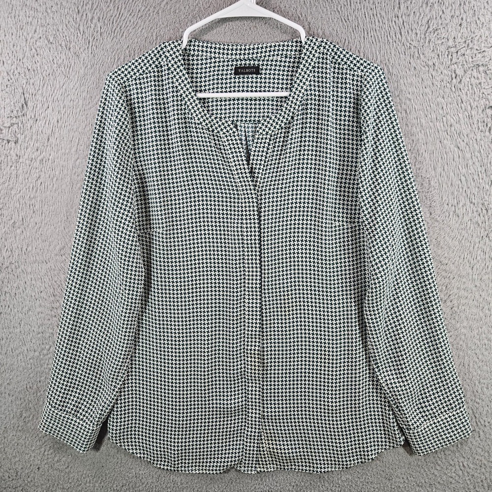 Talbots Womens Green White Houndstooth V-Neck Long Sleeve Button Front Blouse M‎